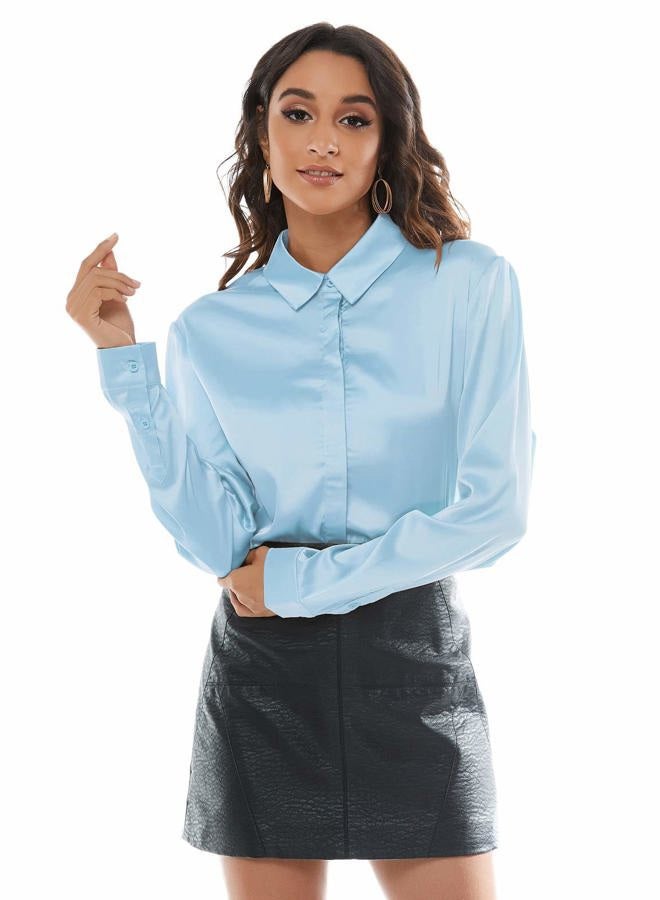 Escalier Women's Silk Blouse Long Sleeve Satin Button Down Shirt Casual Work Office Silky Blouse Top, Light-blue, L - Image 4