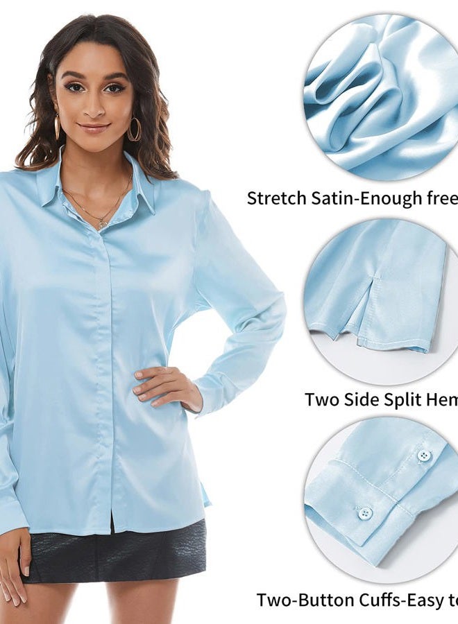 Escalier Women's Silk Blouse Long Sleeve Satin Button Down Shirt Casual Work Office Silky Blouse Top, Light-blue, L - Image 2