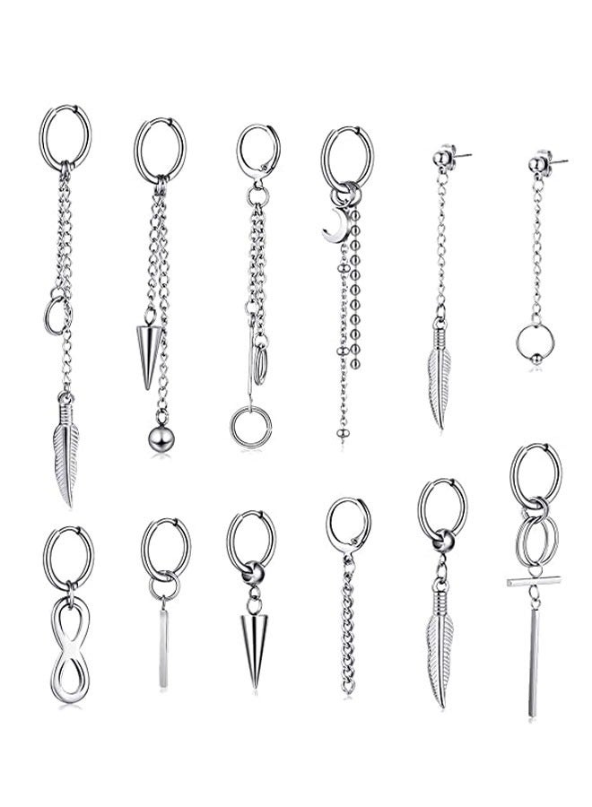 12 Pieces Hoop Dangle Earrings For Men Stainless Steel Feather Hinged Pendant Earrings Long Chain Kpop Piercing Earring for Men and Women Silver - Image 1