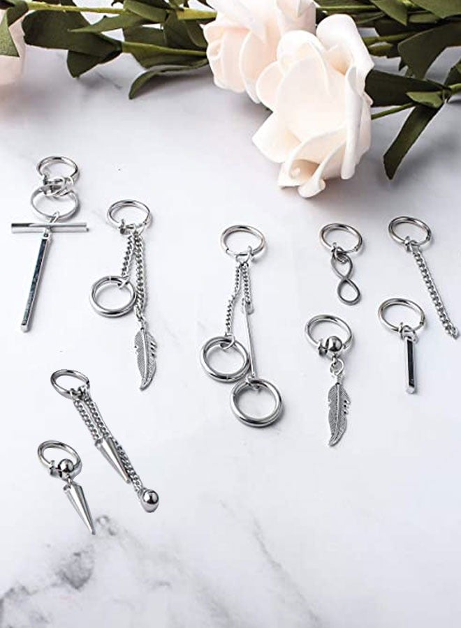 12 Pieces Hoop Dangle Earrings For Men Stainless Steel Feather Hinged Pendant Earrings Long Chain Kpop Piercing Earring for Men and Women Silver - Image 4