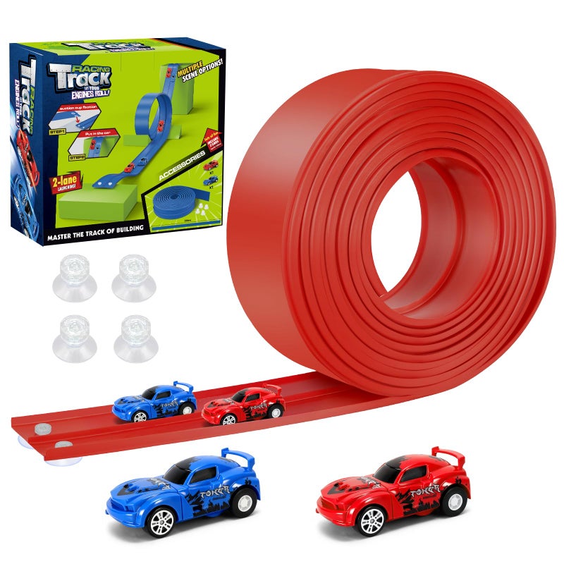 KETIEE Flex Tracks 16Ft for Kids Flexible Race Car Ramp Track with 2 Small Racecars and 4 Suction Cups Compatible with Diecast 164th Cars Rolls Up Portable Racetrack for Ages 3 Up - Image 3