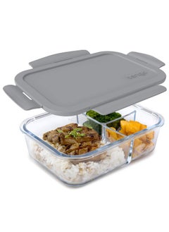 بنتجو صندوق غداء زجاجي من Bentgo® - حاوية طعام مقاومة للتسرب على طراز Bento مع غطاء محكم الغلق وتصميم مقسم إلى 3 أقسام - سعة 5 أكواب لتحضير الوجبات، ووجبات يتم التحكم في حصصها للبالغين (رمادي)  - Image 1