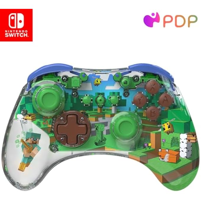 rayihni REALMZÂ„¢ WIRELESS NINTENDO SWITCH PRO CONTROLLER, CUSTOMIZABLE LED, 40 HOUR RECHARGEABLE BATTERY POWER,OFFICIALLY LICENSED BY NINTENDO: MINECRAFT STEVE -FOREST BIOME - Image 1