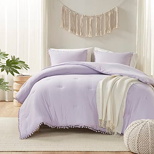 Codi Lavender Purple Full/Queen Comforter Set - Boho Aesthetic Bedding with Luxurious Pom Fringe, Soft Washed Microfiber 3pc Set, Couple-Friendly Lightweight Design, 1 Comforter & 2 Pillow Shams - Image 2