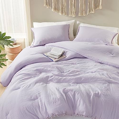 Codi Lavender Purple Full/Queen Comforter Set - Boho Aesthetic Bedding with Luxurious Pom Fringe, Soft Washed Microfiber 3pc Set, Couple-Friendly Lightweight Design, 1 Comforter & 2 Pillow Shams - Image 1