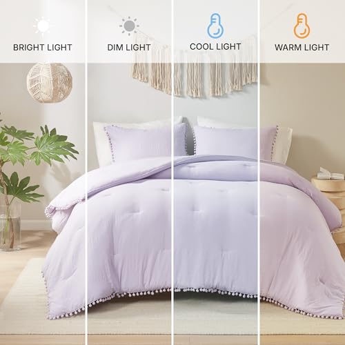 Codi Lavender Purple Full/Queen Comforter Set - Boho Aesthetic Bedding with Luxurious Pom Fringe, Soft Washed Microfiber 3pc Set, Couple-Friendly Lightweight Design, 1 Comforter & 2 Pillow Shams - Image 5