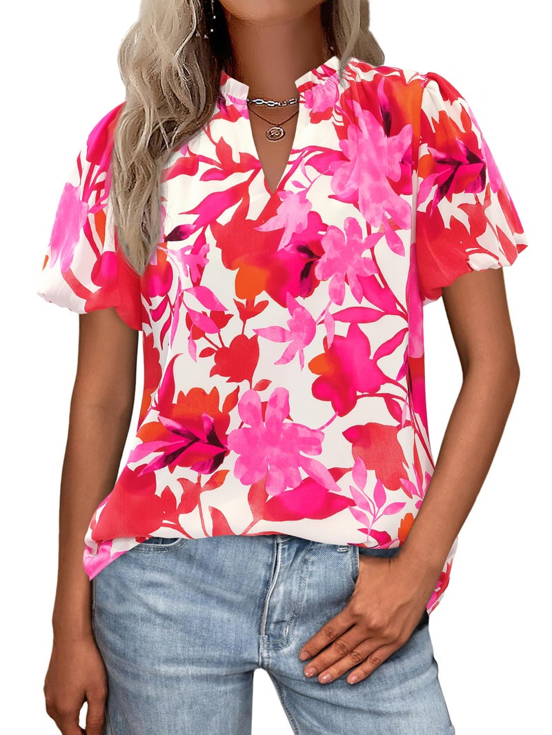 MASCOMODA Boho Short Sleeve Floral Work Blouses for Women Dressy Casual V Neck Puff Sleeve Loose Chiffon Flowy Tops Shirts(Floral White Rose Red,X-Large) - Image 1