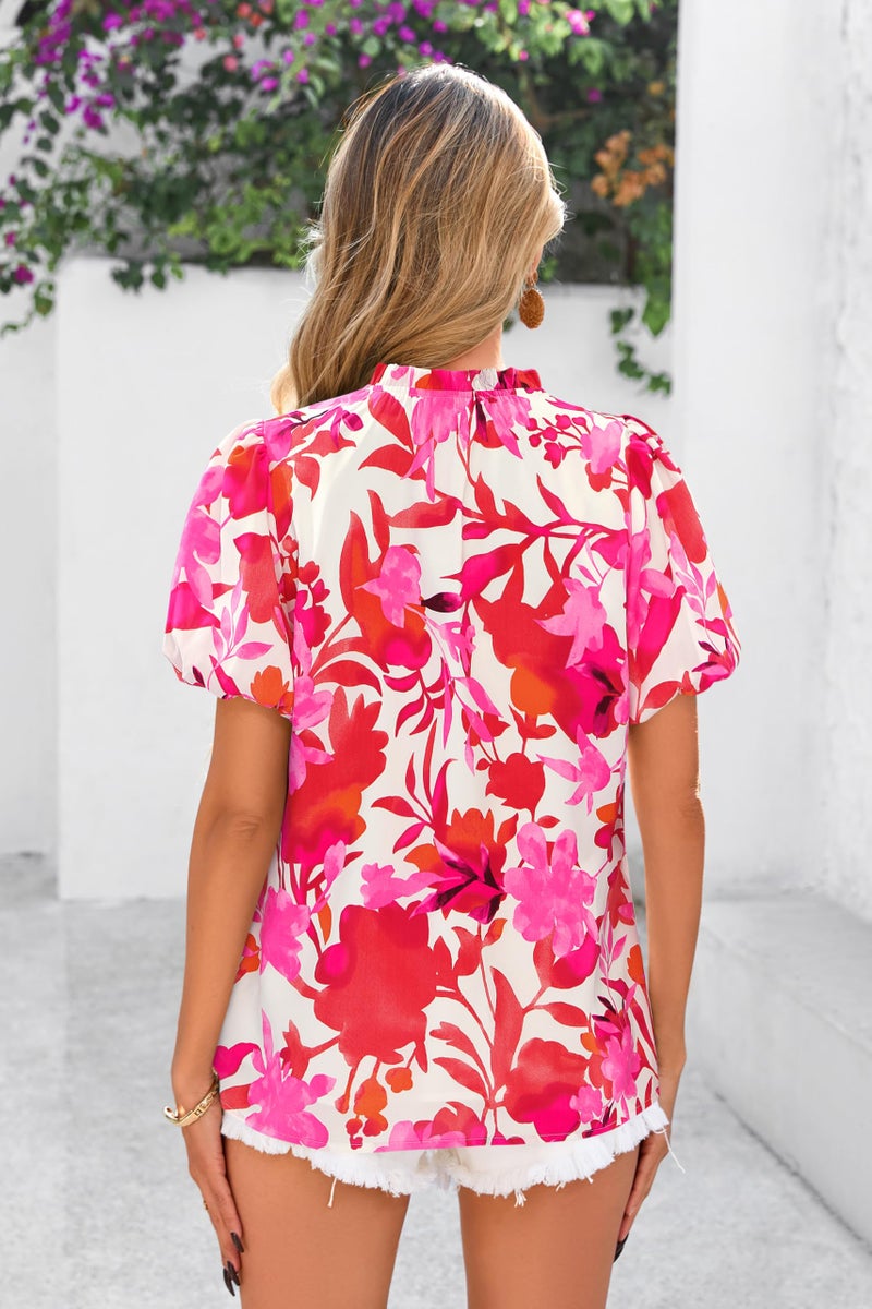 MASCOMODA Boho Short Sleeve Floral Work Blouses for Women Dressy Casual V Neck Puff Sleeve Loose Chiffon Flowy Tops Shirts(Floral White Rose Red,X-Large) - Image 4