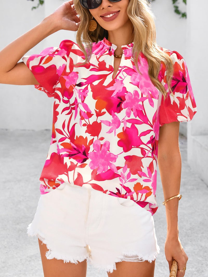 MASCOMODA Boho Short Sleeve Floral Work Blouses for Women Dressy Casual V Neck Puff Sleeve Loose Chiffon Flowy Tops Shirts(Floral White Rose Red,X-Large) - Image 3