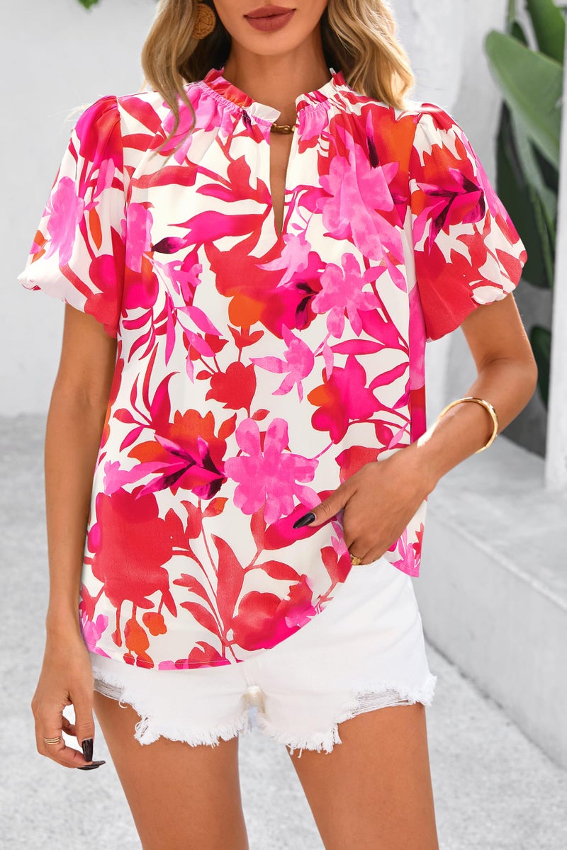 MASCOMODA Boho Short Sleeve Floral Work Blouses for Women Dressy Casual V Neck Puff Sleeve Loose Chiffon Flowy Tops Shirts(Floral White Rose Red,X-Large) - Image 2