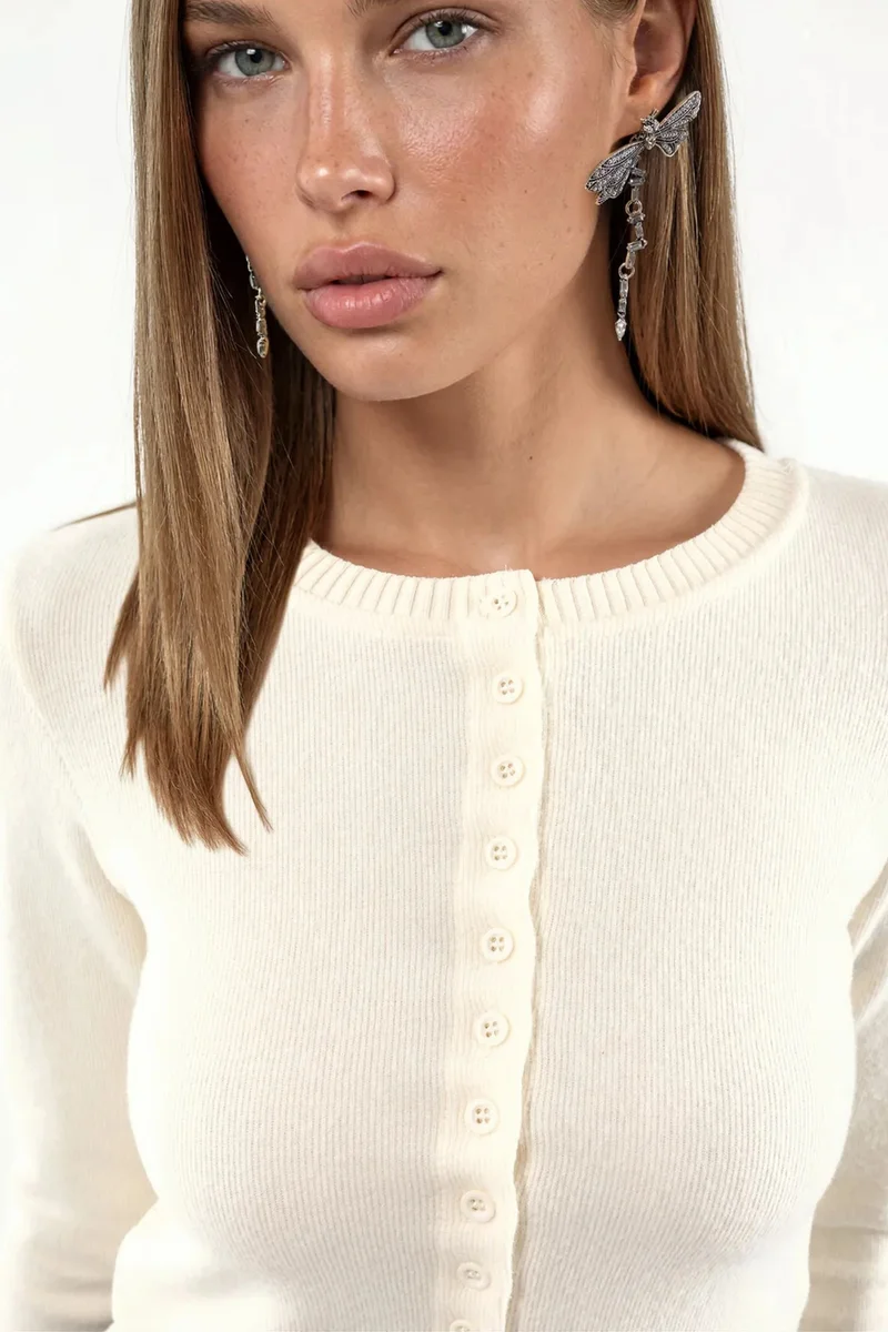 Busem Cream Natural BUSEM Women's Cropped Ribbed Button Cardigan for Women | Best Price UAE
