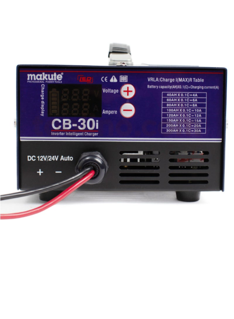 ماكيوت شاحن بطارية السيارة، مخرج 12 فولت/24 فولت، تيار شحن 4A-30A، شاشة رقمية، حماية من الحمل الزائد وانعكاس القطبية، شاحن بطارية الرصاص الحمضي للدراجات النارية والسيارات والشاحنات الصغيرة والشاحنات الخفيفة-CB-30I - Image 1