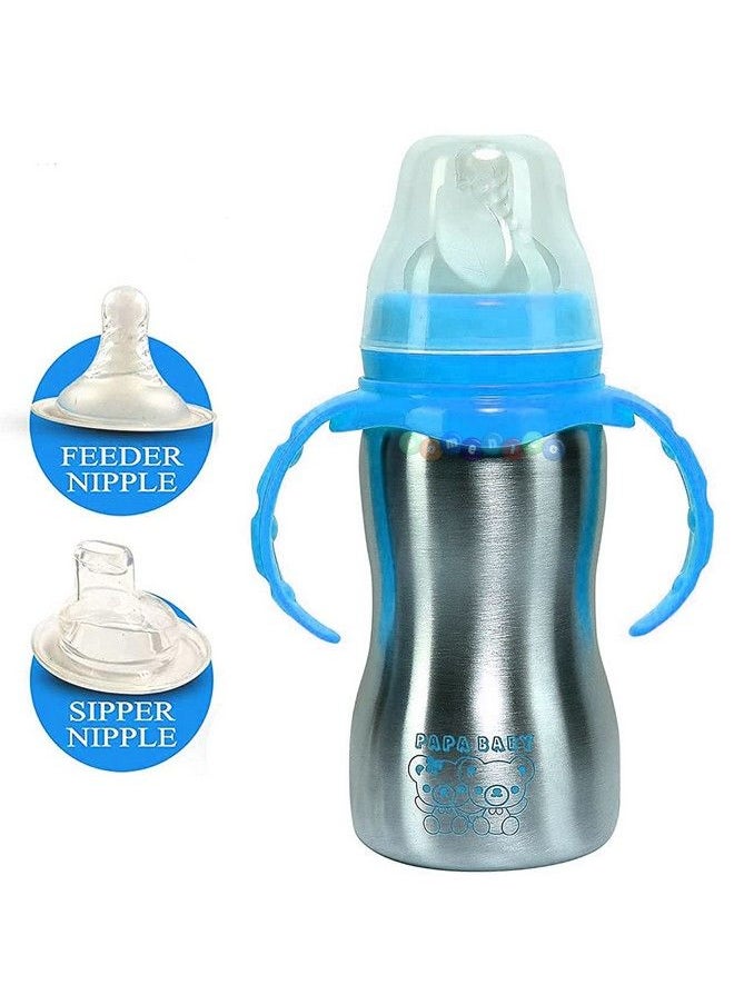 DOMENICO World Baby Feeding Bottle In Stainless Steel High Grade Stainless Steel 2 In 1 Sipper And Feeding Bottle With Silicone Nipple For Baby (Blue 290 Ml)  - Image 2