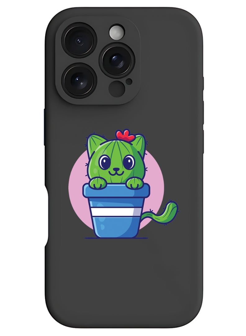 Theodor iPhone 16 Pro Black Protective Slim Fit Case Liquid Silicone Cover with Full Body Protection Anti-Scratch Shockproof Case For iPhone - Cute Cat Cactus - Image 1