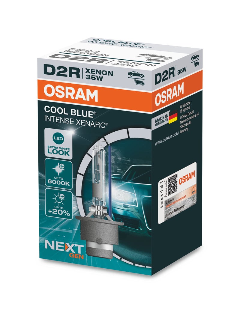 OSRAM XENARC® COOL BLUE® INTENSE D2R, +20% more brightness, up to 6,000K, xenon headlight lamp, LED look, Folding box (1 lamp) - Image 1