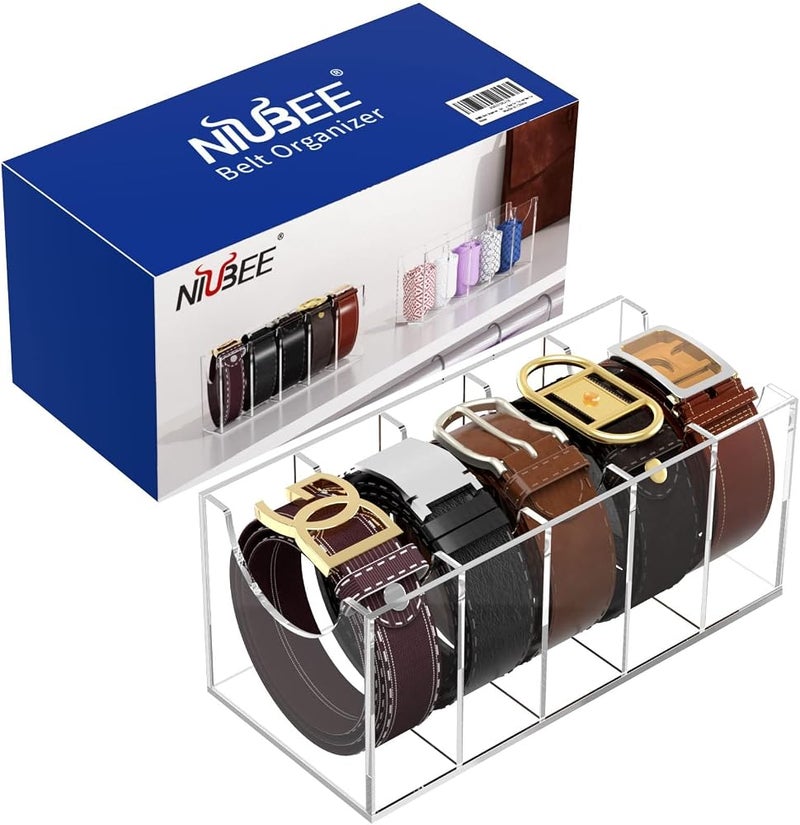 NIUBEE Belt Organizer, Acrylic Belt Storage Holder for The Closet, 5 Compartments Display Case for Tie and Bow Tie - Image 4