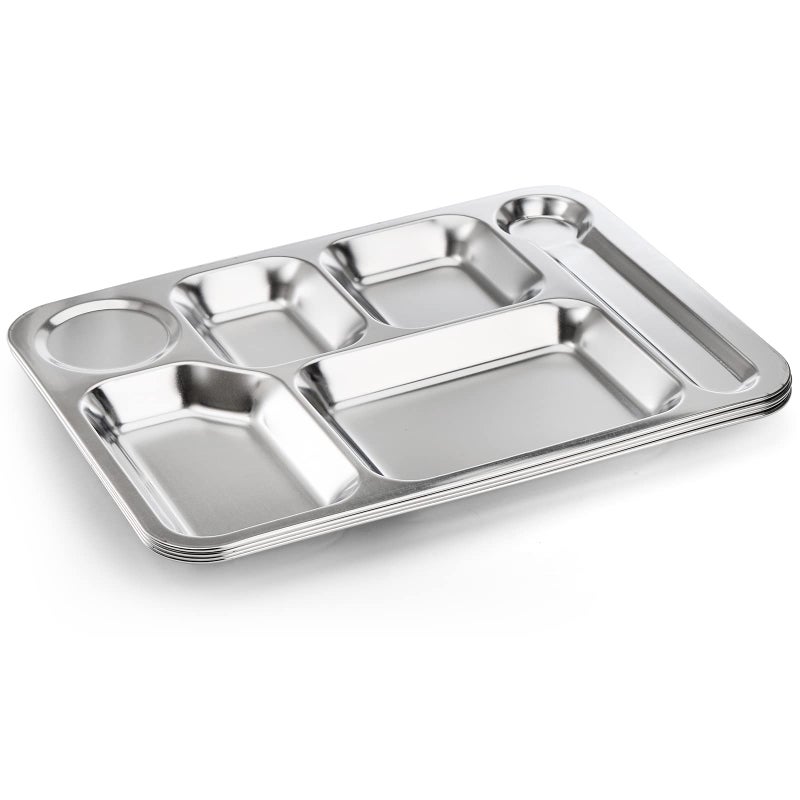 Fasmov 4 Pack Stainless Steel Rectangular Divided Dinner Tray, 6 Sections Stainless steel Metal Plate for Adults, Picky Eaters, Campers, and Portion Control - Image 3