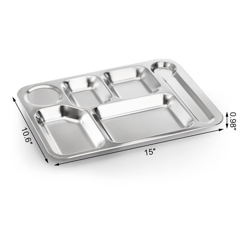 Fasmov 4 Pack Stainless Steel Rectangular Divided Dinner Tray, 6 Sections Stainless steel Metal Plate for Adults, Picky Eaters, Campers, and Portion Control - Image 2