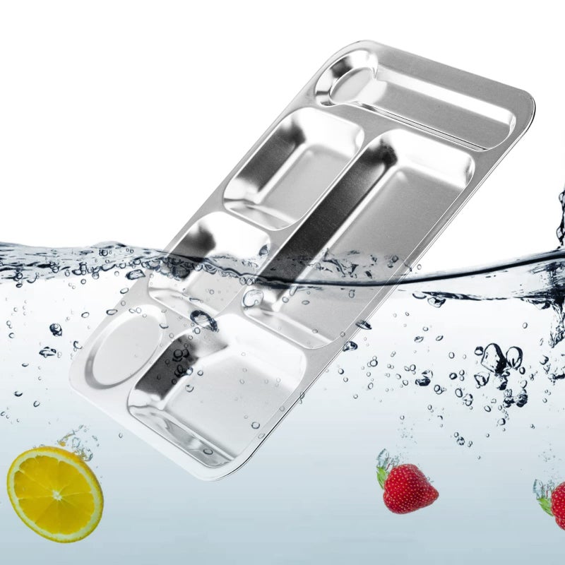 Fasmov 4 Pack Stainless Steel Rectangular Divided Dinner Tray, 6 Sections Stainless steel Metal Plate for Adults, Picky Eaters, Campers, and Portion Control - Image 5