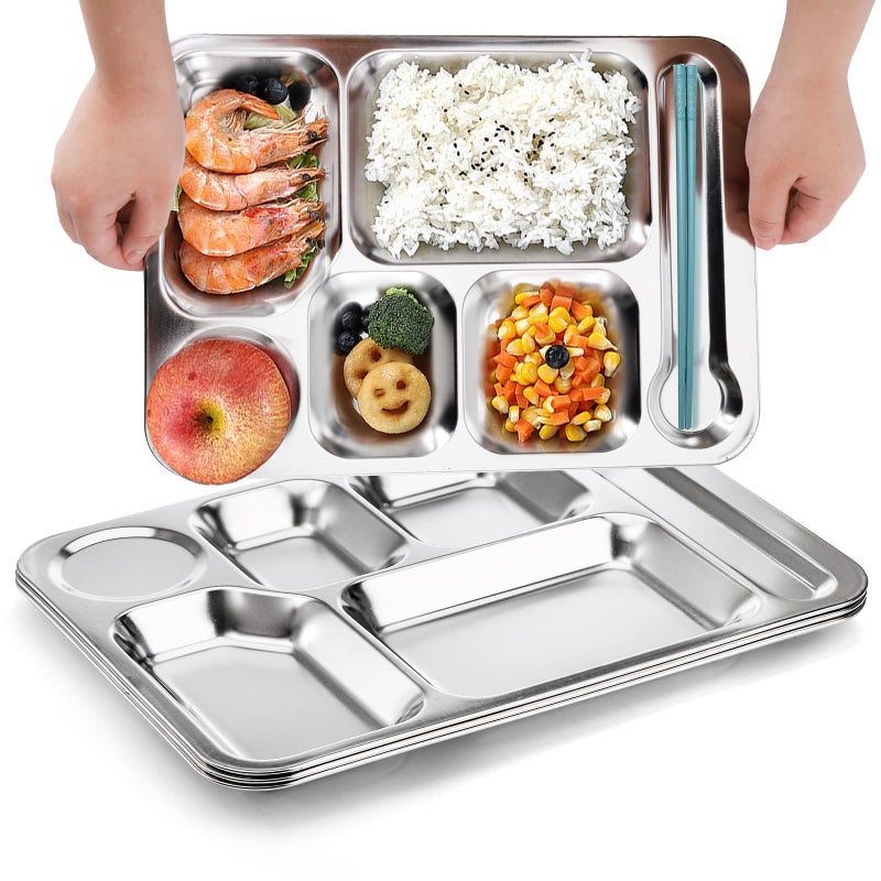 Fasmov 4 Pack Stainless Steel Rectangular Divided Dinner Tray, 6 Sections Stainless steel Metal Plate for Adults, Picky Eaters, Campers, and Portion Control - Image 4