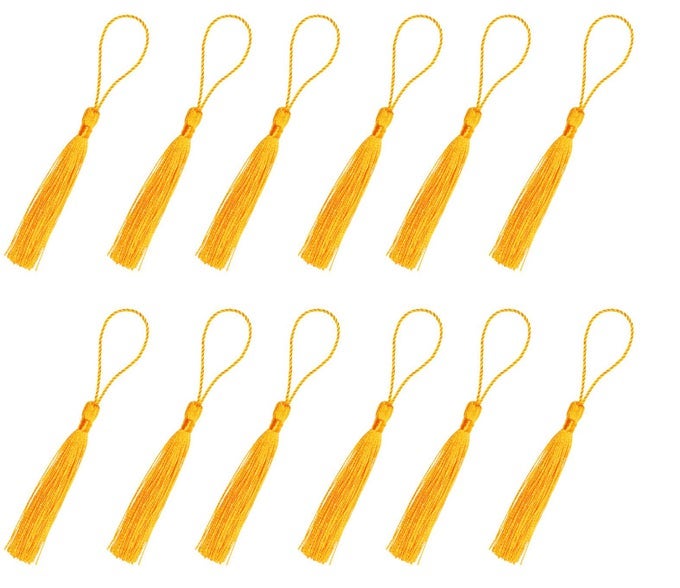 50 PCS TASSEL SILKY SOFT MINI FLOSS HANDMADE TASSELS WITH LOOP FOR BOOKMARK JEWELRY MAKING KEYCHAIN SOUVENIR DIY CRAFTING PROJECT SUPPLIES CHINESE KNOT ROYEE GOLD