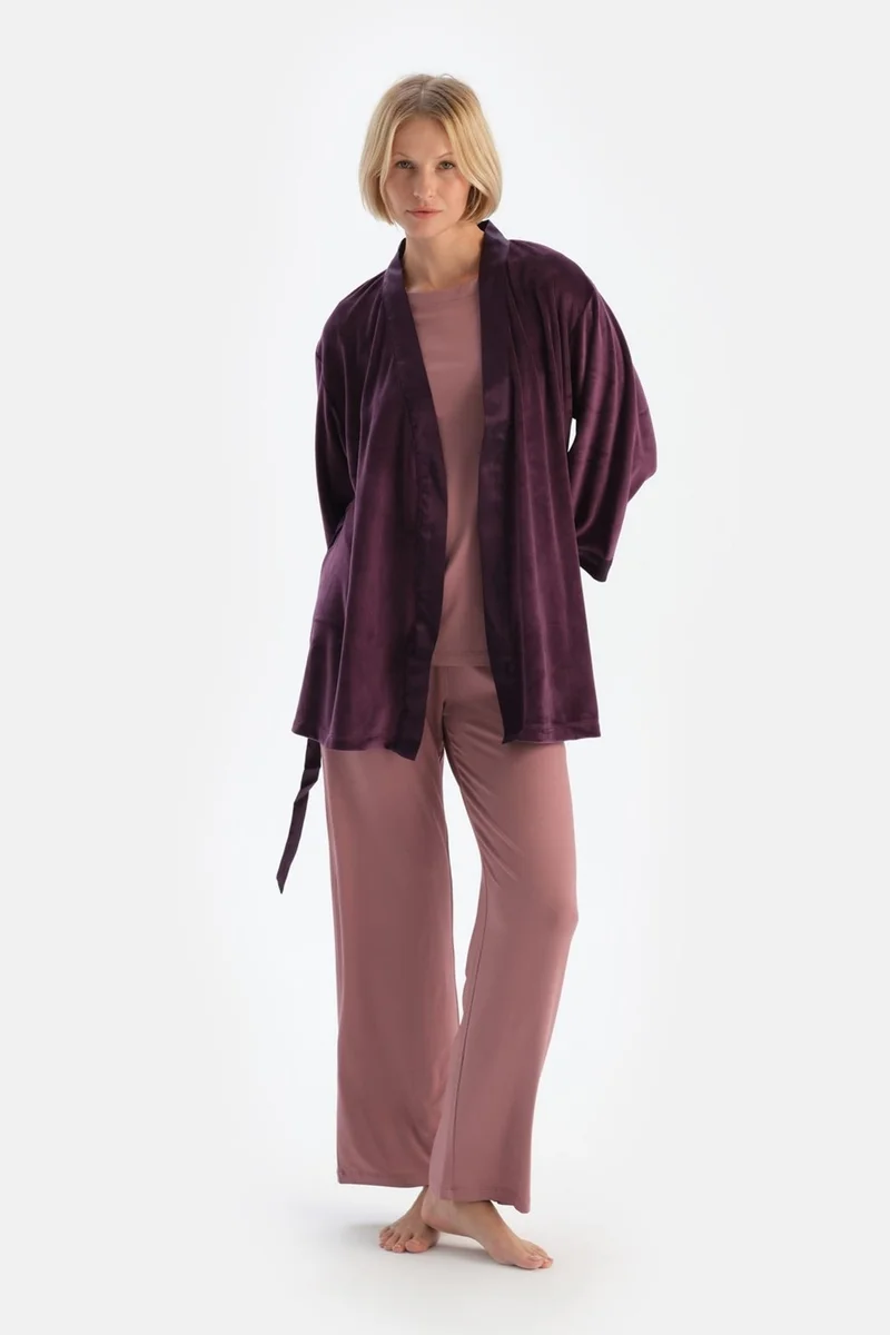 داجي Plum Satin Garnish Velvet Dressing Gown