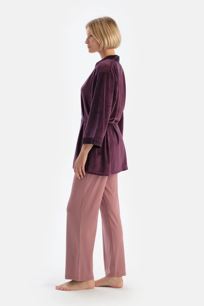 داجي Plum Satin Garnish Velvet Dressing Gown