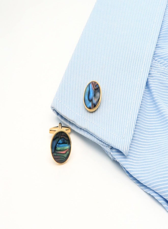 Jonwo Natural Abalone Men Cufflinks Tie Clip Set Silver 14K Gold Plated Men Tie Pin Cufflinks for Wedding Tuxedo Shirt Party Anniversary (Gold Plated Round Cufflinks Tie Clip Set) - Image 4