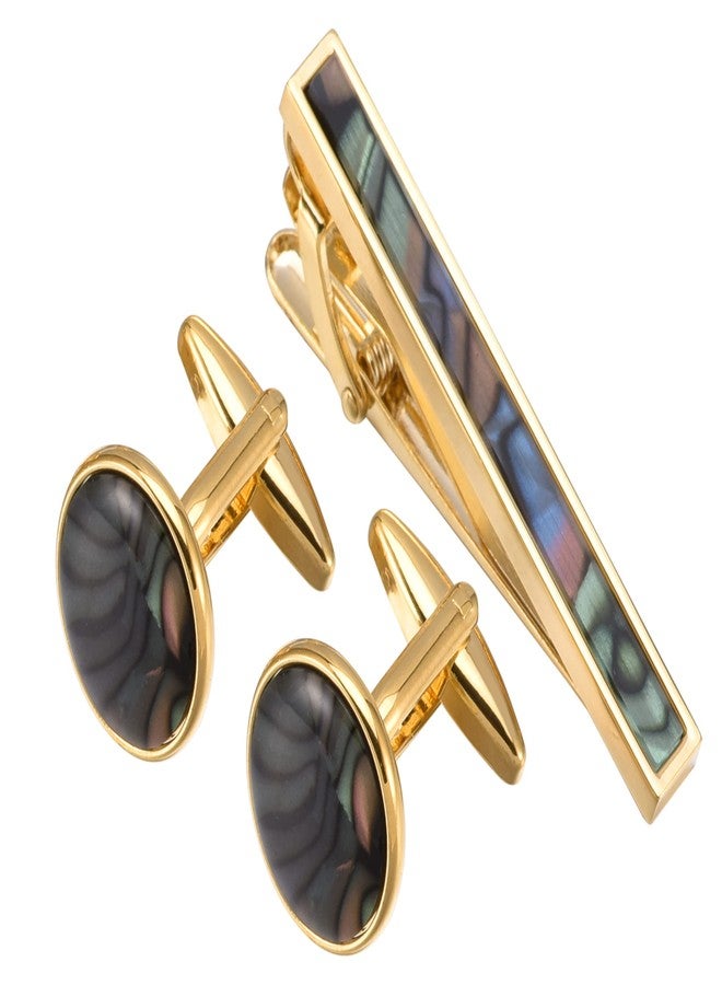 Jonwo Natural Abalone Men Cufflinks Tie Clip Set Silver 14K Gold Plated Men Tie Pin Cufflinks for Wedding Tuxedo Shirt Party Anniversary (Gold Plated Round Cufflinks Tie Clip Set) - Image 1
