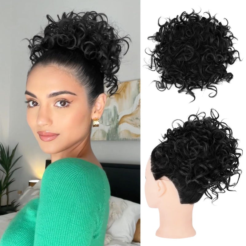 HOOJIH Messy Hair Bun Hair Piece Elastic Drawstring Loose Wave Large Curly Bun Short Synthetic Ponytail Extension for Women Daily Use  Natural Black