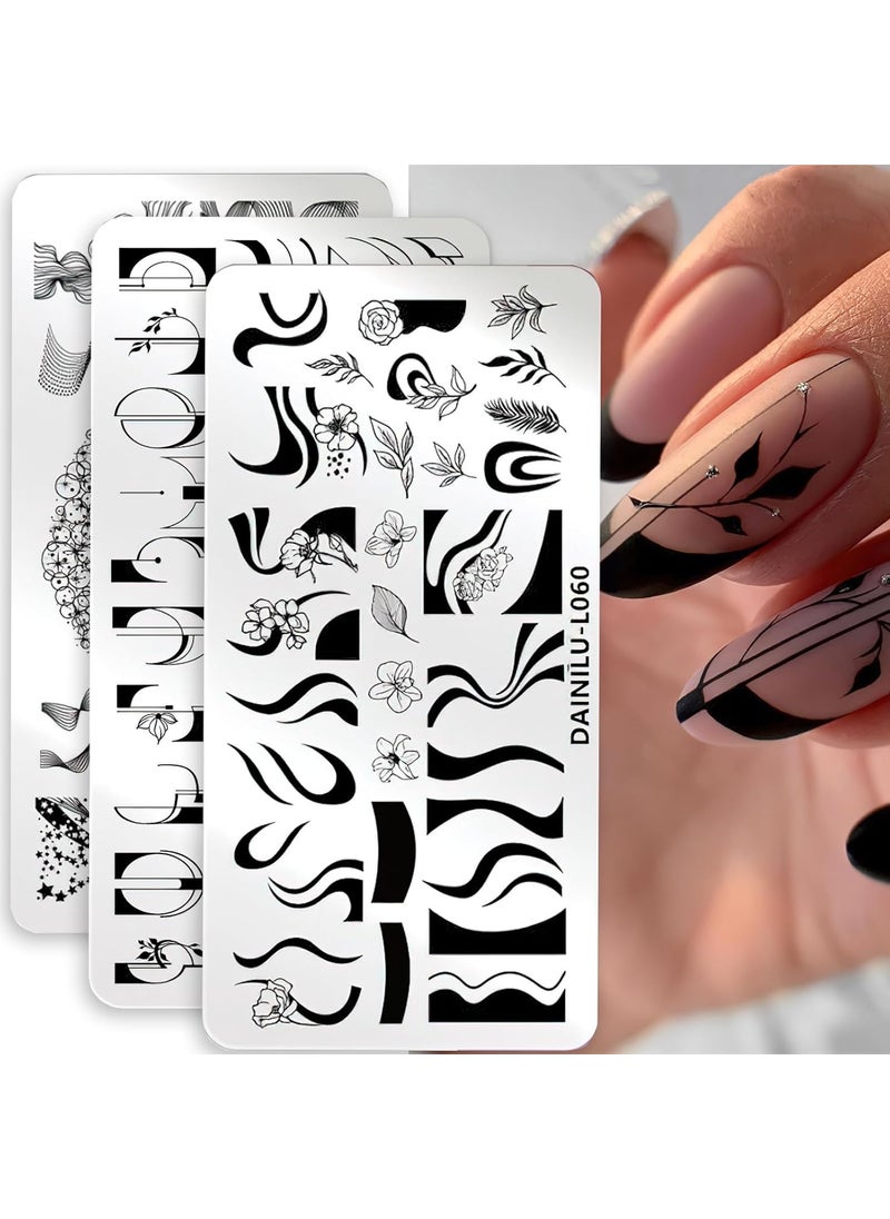 BASEMMAHER Stamping Plates Nail Art Template Image Plate Set Flower Minimalist Geometric Wavy Lines Leaves Pattern Theme Image Nail Art Stamp Plate French Stamper DIY Design Stencil Tools Kit 3Pcs 