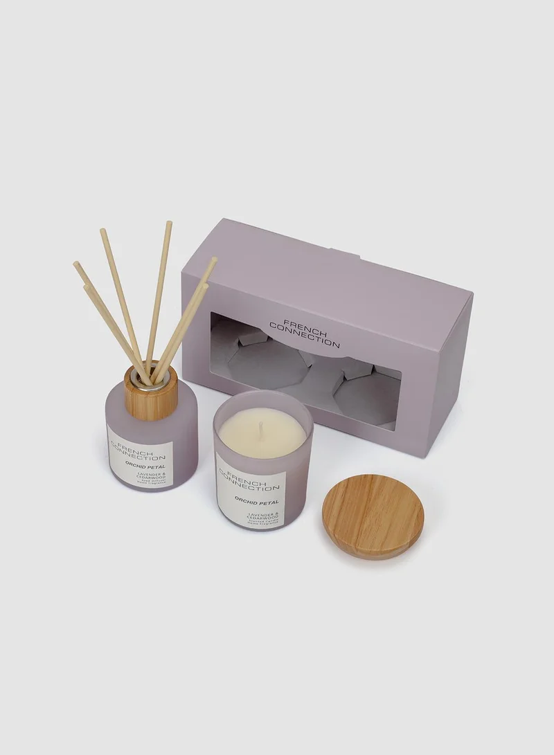 فرنش كونكشن مجموعة هدايا شمعة عطرية و موزع روائح برائحة بتلات الأوركيد بألوان الباستيل