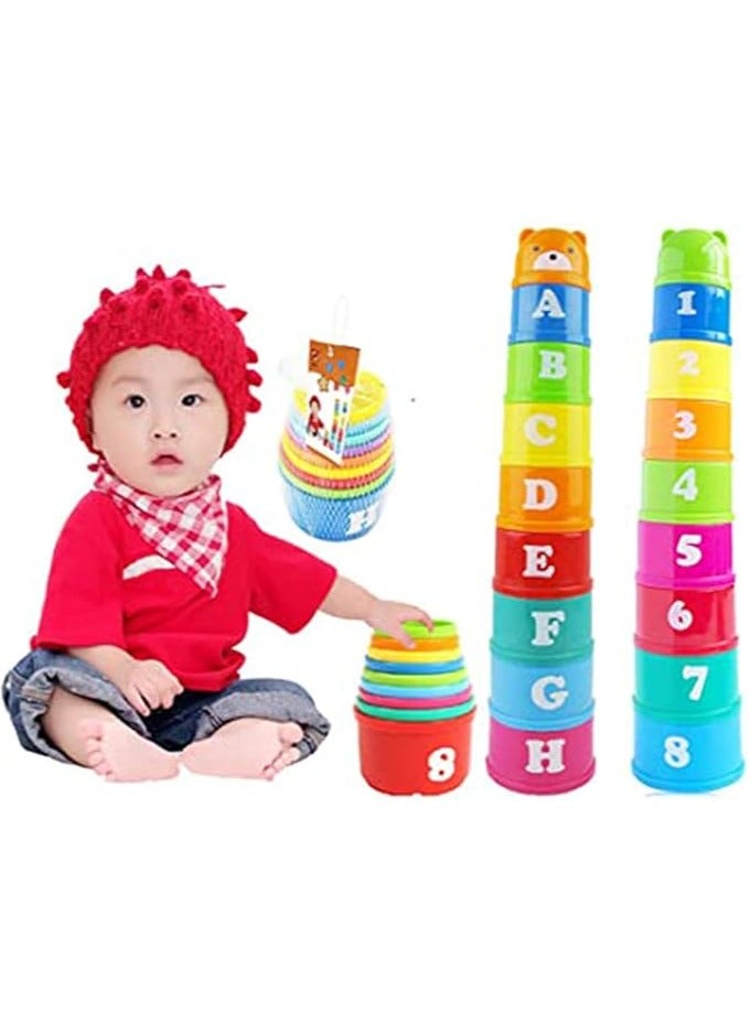 Stacking Cups, 9 pieces with letters and numbers, Sound Folding Cup Toy Stacking Cups Game Toy for Baby Kids Children Educational Toy Bath toys - Image 1