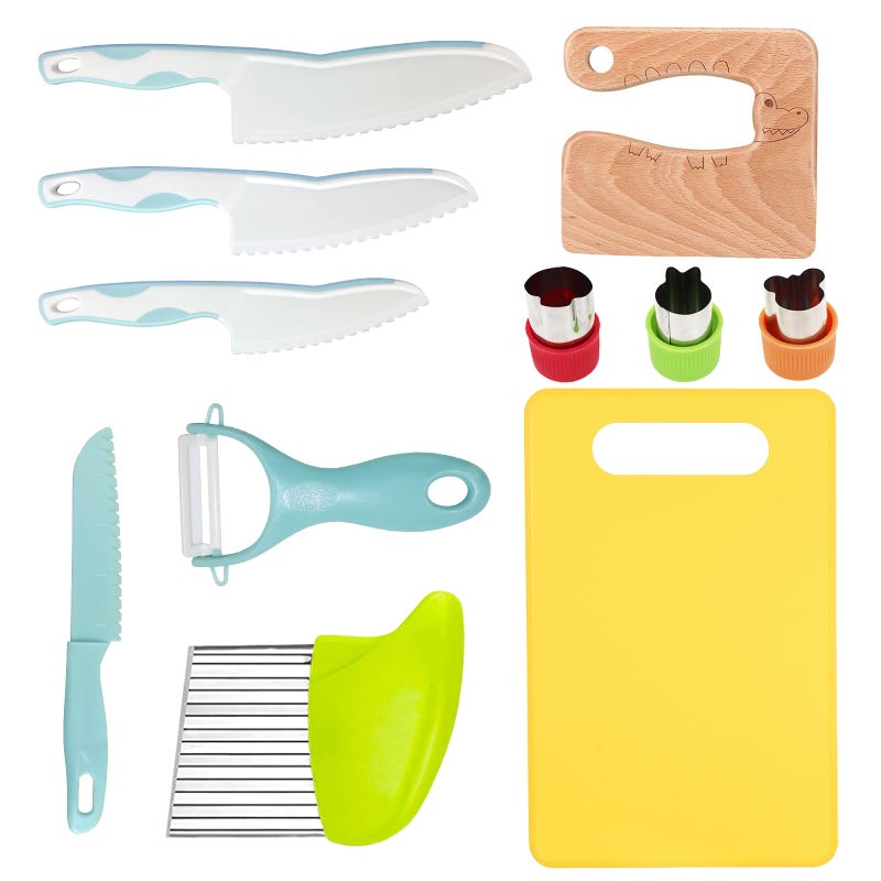 11 Pieces Wooden Kids Kitchen Knife Blue Kids Knife Set Include Wood Kids Knife Serrated Edges Plastic Toddler Knife Crinkle Cutter Sandwich Cutter Y Peeler Cutting Board