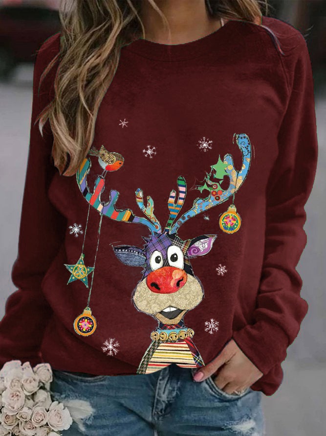 2023Wish Spring & Fall Round Neck Pullover Long-Sleeved Casual Christmas Deer Print Loose T-Shirt - Image 1