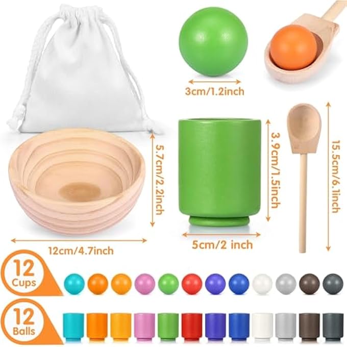 RAINBOW BALLS IN CUPS TODDLER MONTESSORI TOYS FOR 1 YEAR OLD UP, KIDS PRESCHOOL WOODEN SORTING TOYS, COLOR MATCHING GAMES FOR LEARNING SORTING AND COUNTING (12 COLORS) - Image 3
