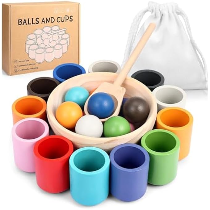 RAINBOW BALLS IN CUPS TODDLER MONTESSORI TOYS FOR 1 YEAR OLD UP, KIDS PRESCHOOL WOODEN SORTING TOYS, COLOR MATCHING GAMES FOR LEARNING SORTING AND COUNTING (12 COLORS) - Image 2