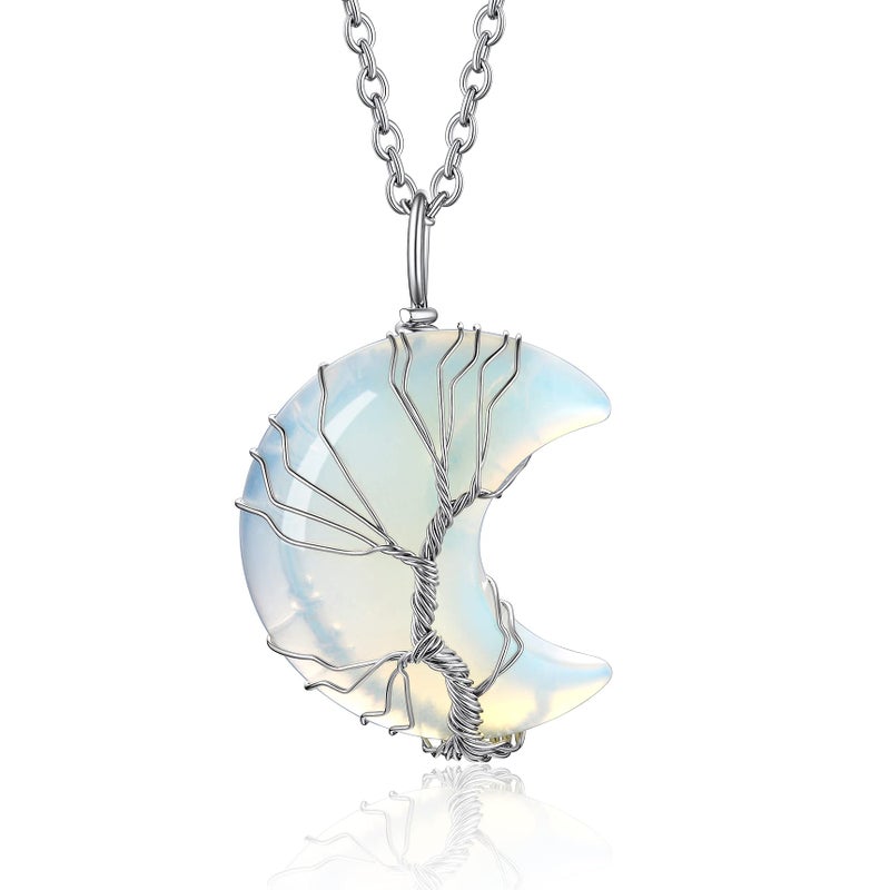 Bestyle Tree of Life Crescent Moon Necklace, Synthetic Moonstone Gemstones Healing Crystal Necklaces, June Birthstone Pendant for Women, Gift for Mother/Grandma/Wife/Daughter/Sister - Image 1