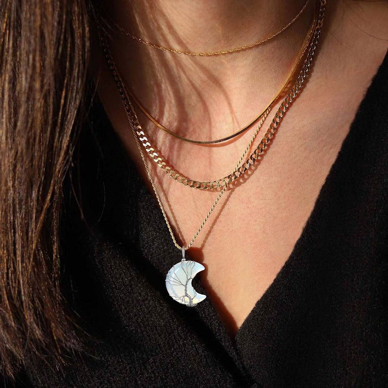 Bestyle Tree of Life Crescent Moon Necklace, Synthetic Moonstone Gemstones Healing Crystal Necklaces, June Birthstone Pendant for Women, Gift for Mother/Grandma/Wife/Daughter/Sister - Image 2