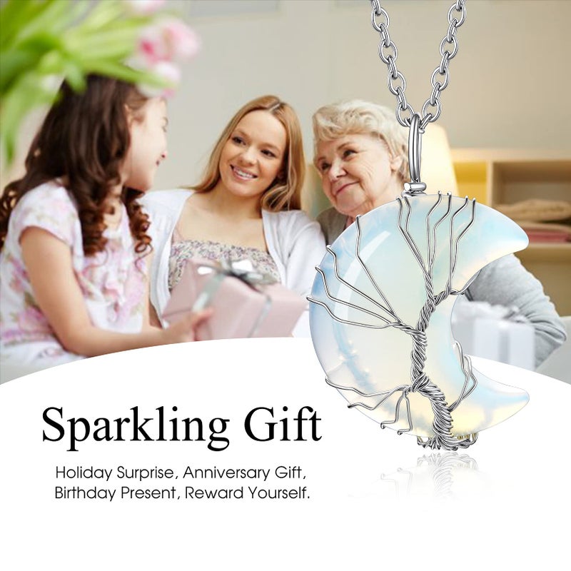 Bestyle Tree of Life Crescent Moon Necklace, Synthetic Moonstone Gemstones Healing Crystal Necklaces, June Birthstone Pendant for Women, Gift for Mother/Grandma/Wife/Daughter/Sister - Image 4