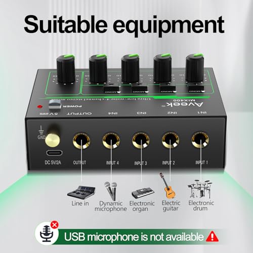 Aveek 4 Channel Mixer - Mini 4 Stereo Audio Mixer, Low-Noise for Precision Sub-Mixing,1/4" TRS Input/Output Ideal for Mics/Guitars/Bass/Stage - 3 x 4.4 x 1.3 inches - Image 4