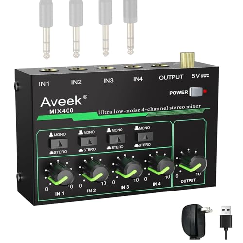 Aveek 4 Channel Mixer - Mini 4 Stereo Audio Mixer, Low-Noise for Precision Sub-Mixing,1/4" TRS Input/Output Ideal for Mics/Guitars/Bass/Stage - 3 x 4.4 x 1.3 inches - Image 1