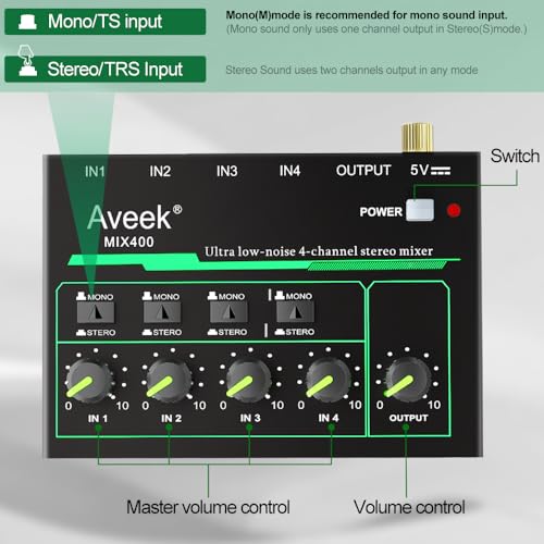 Aveek 4 Channel Mixer - Mini 4 Stereo Audio Mixer, Low-Noise for Precision Sub-Mixing,1/4" TRS Input/Output Ideal for Mics/Guitars/Bass/Stage - 3 x 4.4 x 1.3 inches - Image 3