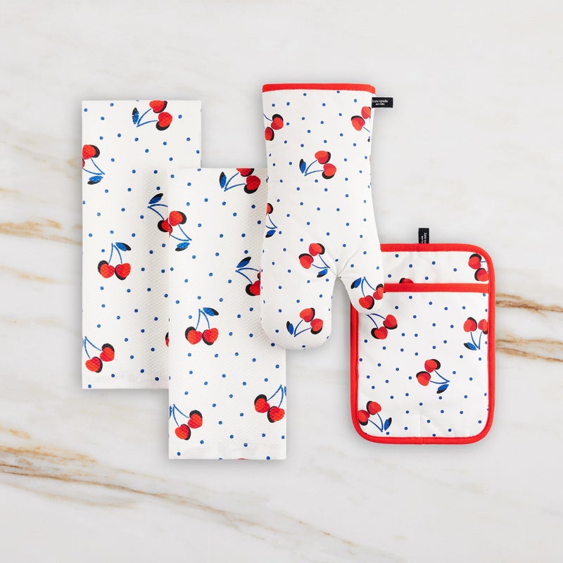 Kate Spade New York Kate Spade New York Cherry Dot Kitchen Towel, Oven Mitt & Pot Holder 4-Pack Set, 17" x 28", 7" x 13", 7" x 10", White/Red/Blue  - Image 3