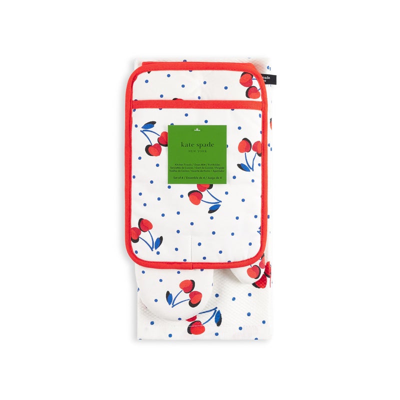 Kate Spade New York Kate Spade New York Cherry Dot Kitchen Towel, Oven Mitt & Pot Holder 4-Pack Set, 17" x 28", 7" x 13", 7" x 10", White/Red/Blue  - Image 4