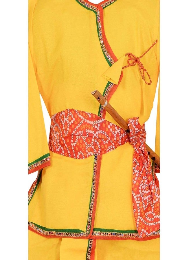 JMP Cotton Fabric Krishna Ethnic Wear Costume Dress for Boys (yellow)-(Pack of 5-kurta,dhoti,bansuri,mukut,patka)-(0-3) Month - Image 5