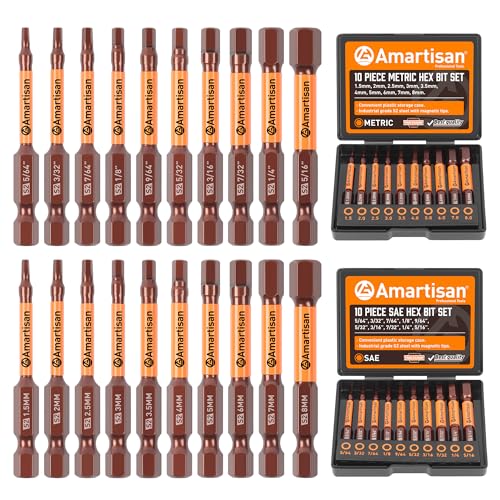 Amartisan 20-Piece Hex Head Allen Wrench Drill Bit Set, Metric and SAE S2 Steel Hex Bits Set, Magnetic Tips, 2.3" Long With Storage box. - Image 1
