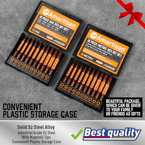 Amartisan 20-Piece Hex Head Allen Wrench Drill Bit Set, Metric and SAE S2 Steel Hex Bits Set, Magnetic Tips, 2.3" Long With Storage box. - Image 3
