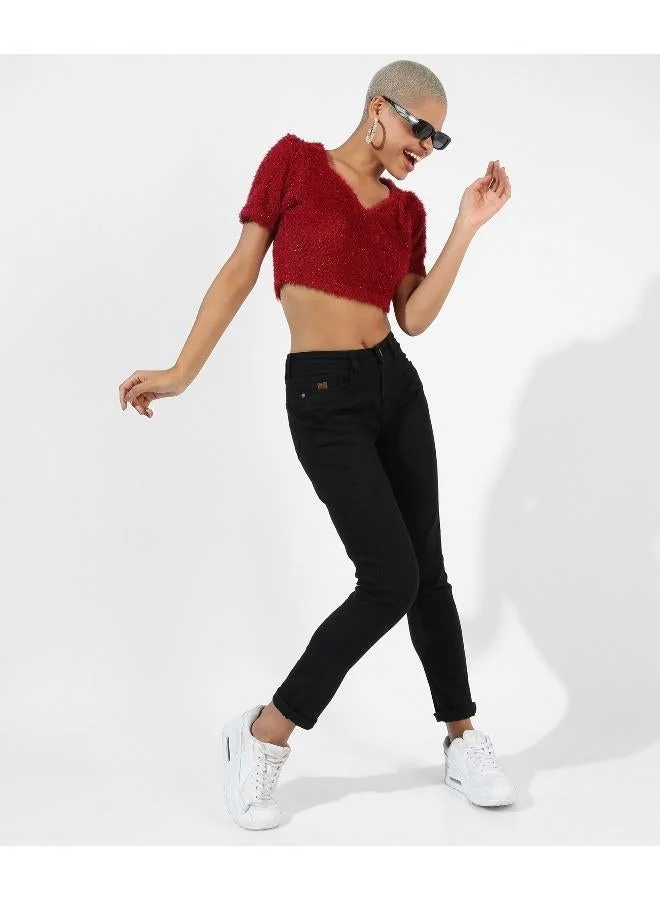 Campus Sutra  Women's Red Textured Regular Fit Top for Women | Best Price UAE