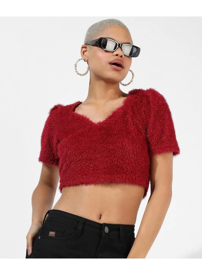 Campus Sutra  Women's Red Textured Regular Fit Top for Women | Best Price UAE